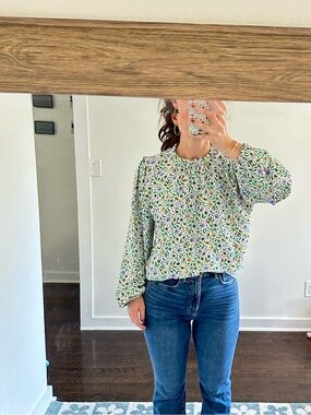 Ann Taylor Floral Long Sleeve Blouse White Purple Green Print Top | Size S